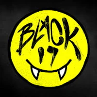 a yellow smiley face with the word black on it