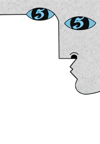 a black and white illustration of a face with blue eyes