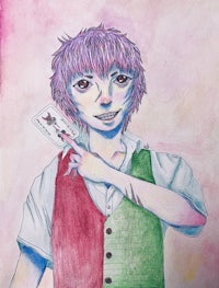 a drawing of a boy with purple hair holding a card