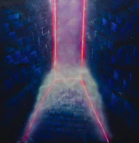 a painting of a tunnel with a light coming out of it