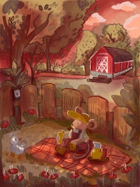 a painting of a mouse sitting on a blanket in front of a red barn