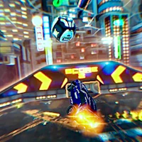 a screenshot of a video game with a car flying over a city
