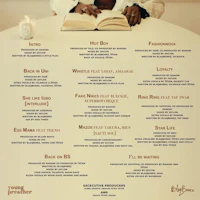 a poster with a woman sitting at a table reading a book