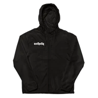 a black hooded jacket with white lettering on it