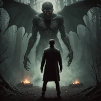 a man standing in front of a demon in the woods