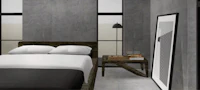 a 3d rendering of a bedroom with a bed and a bedside table