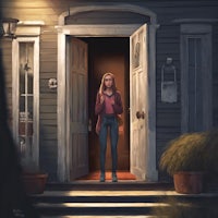 a painting of a girl standing in the doorway of a house