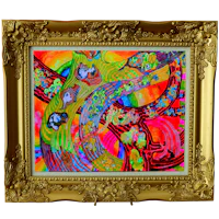 a colorful painting in a gold frame