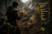 a man is standing in a wooded area looking at a screen