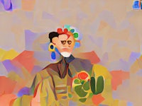 an abstract painting of a man holding a cactus