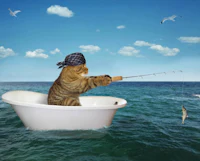 a cat fishing in a bathtub with seagulls