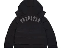 a black puffer jacket with a white logo on it
