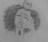 a drawing of a woman with a crescent moon on her face