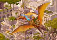 an illustration of a man riding a dinosaur over a city