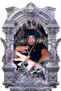 a picture of a man in a frame with angels and demons