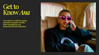a woman in sunglasses is sitting in a car with the text get to know ana