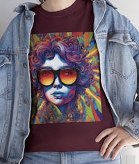 a woman wearing sunglasses and a denim jacket is wearing a t - shirt