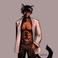 a drawing of a man in a white coat with a cat on his chest