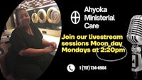 a woman is sitting in front of a microphone with the words abyka ministry care livestream sessions moon moon day mondays 2