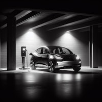 a black and white image of an electric car parked in a garage