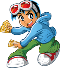 a cartoon boy holding a pair of cards