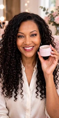 a woman with curly hair holding a cup of coffee