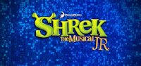 shrek the musical jr logo on a blue background