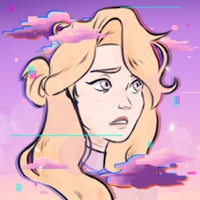 a drawing of a girl with long blonde hair and clouds in the background