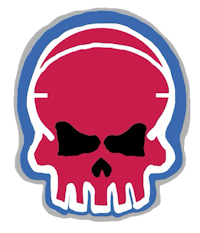 a red and blue skull logo on a black background