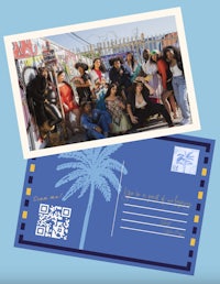 a postcard with a picture of a group of people and a palm tree