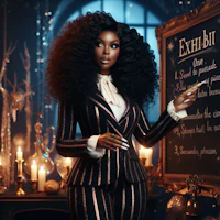 a black woman in a suit standing next to a chalkboard