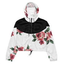 a women's floral print hoodie with black and white stripes