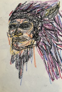 a drawing of an indian head with feathers