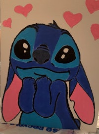 a painting of stitch with hearts on it
