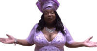 a woman in a purple dress with her hands outstretched