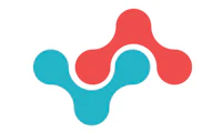 a blue and red logo with a blue and red arrow