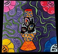 a painting of a vase with colorful flowers on it