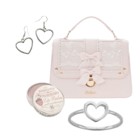 a pink handbag, earrings and a heart shaped necklace