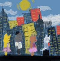 a drawing of a group of people in a city