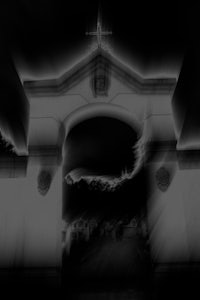 a black and white photo of a gate