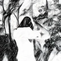 a black and white drawing of a person in the woods