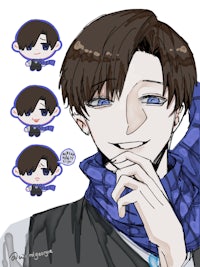 a drawing of a man with blue eyes and a scarf