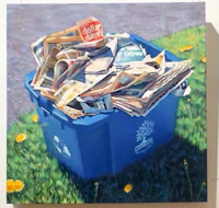 a painting of a blue trash can with newspapers in it