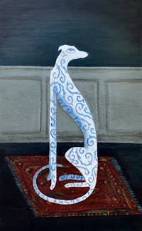 a painting of a greyhound sitting on a rug