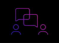 two people talking with speech bubbles on a black background