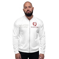 a man is wearing a white track jacket with the logo of the greek gods on it