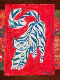 a painting of a cat on a red background