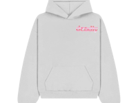 a white hoodie with pink letters on it