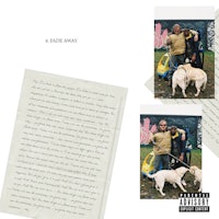 a photo of a man and a dog next to a piece of paper