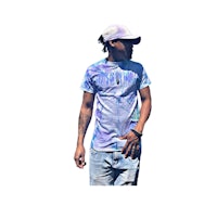 a man wearing a blue tie dye t - shirt